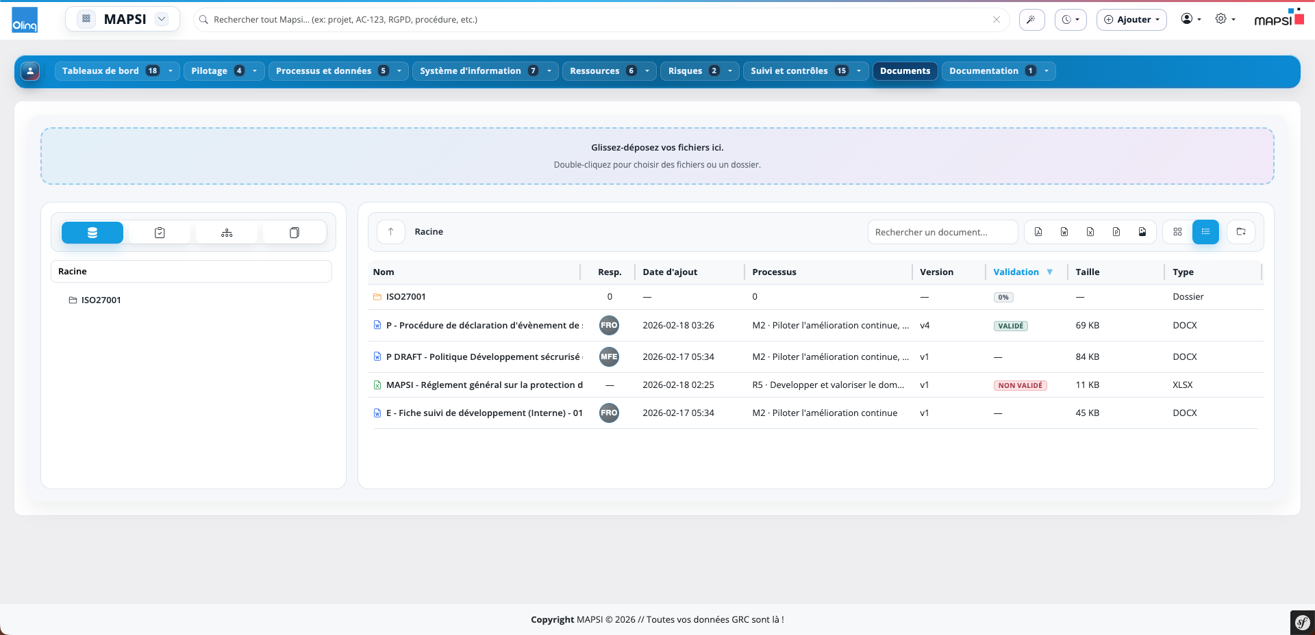 Vue MAPSI du dépôt documentaire avec versions et validation